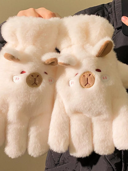 Cartoon Animal Plush Gloves - White One Size