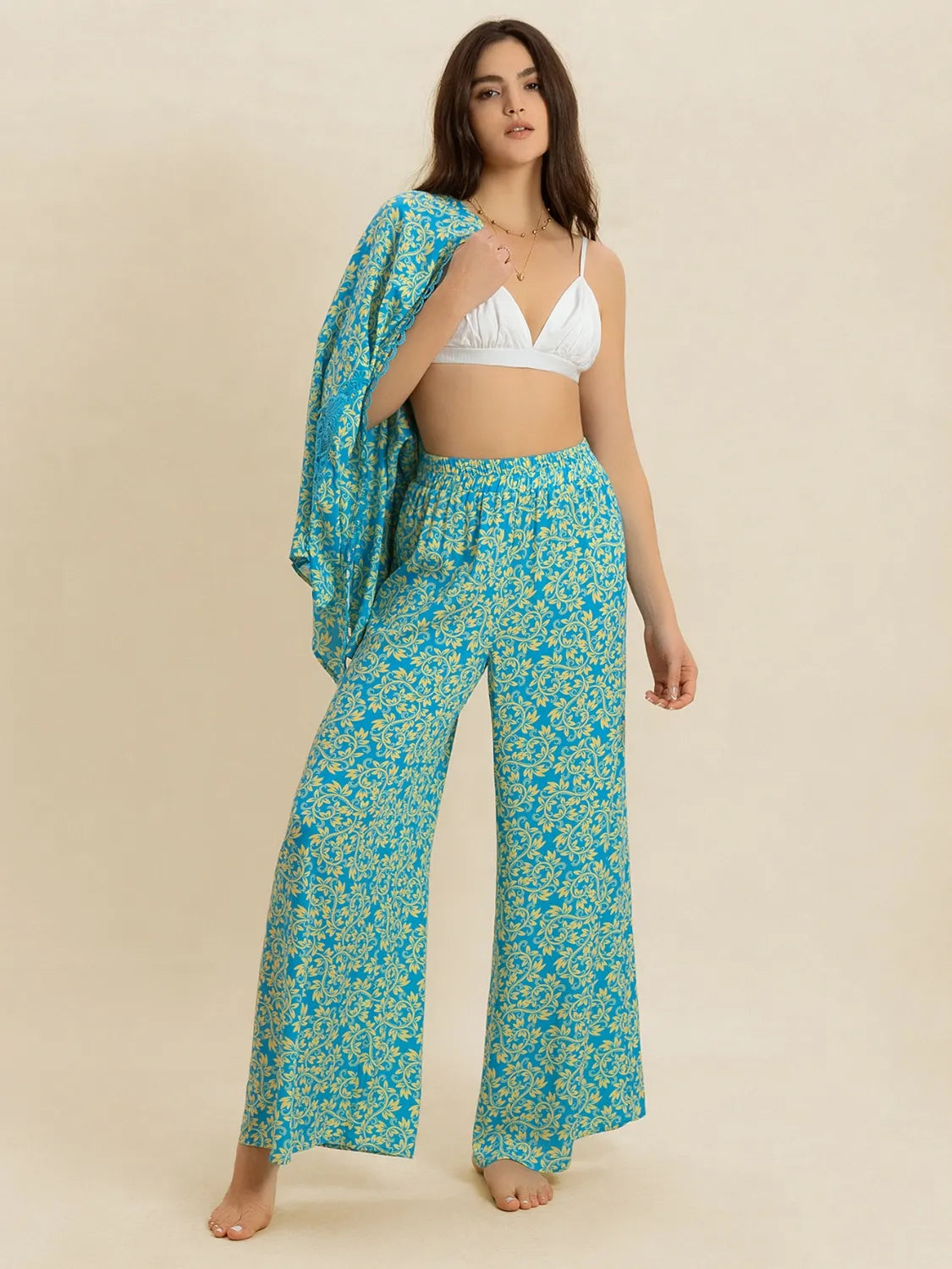 Open Front Printed Top and Pants Set - Teal