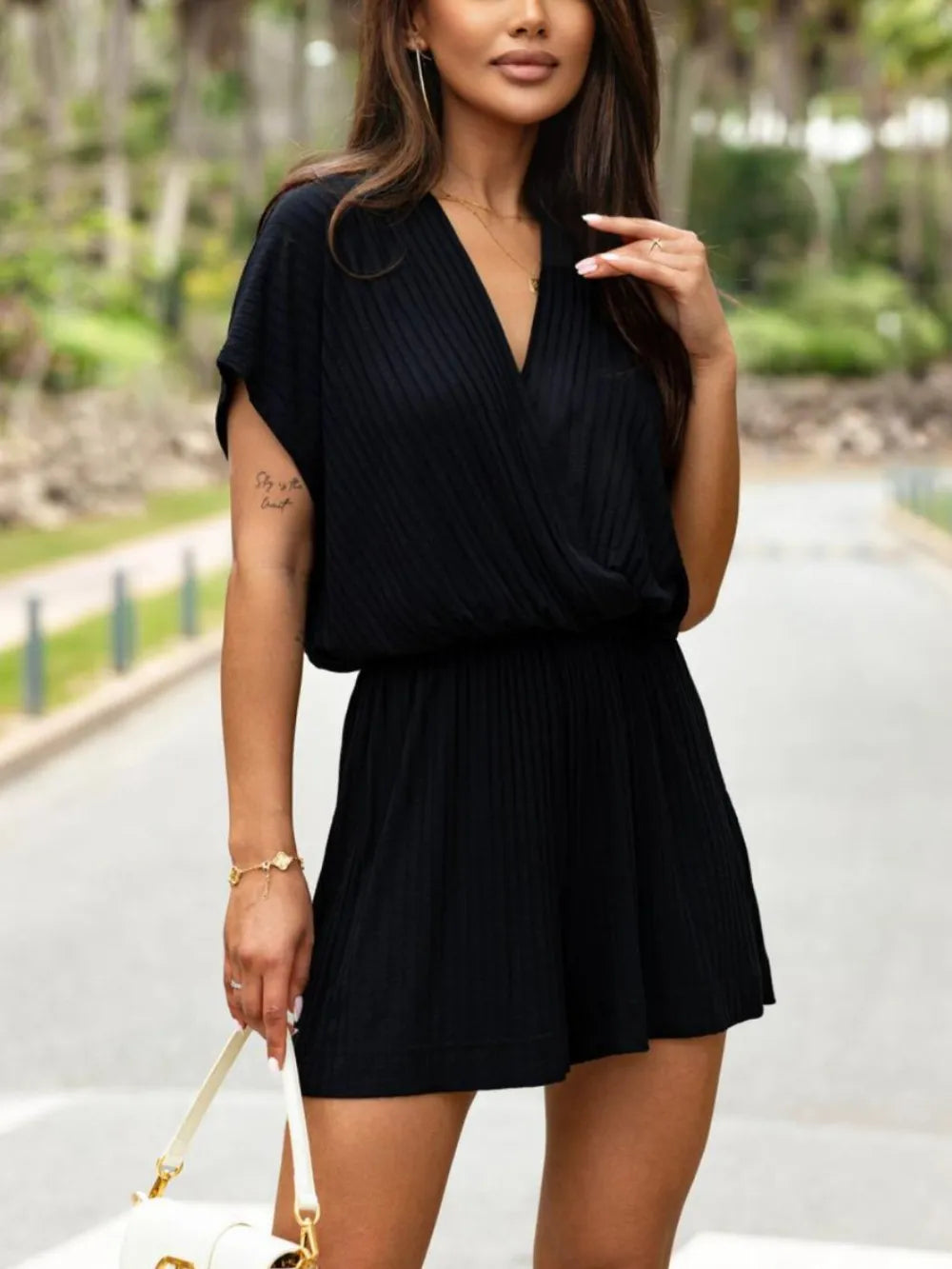 Surplice Short Sleeve Romper - Black