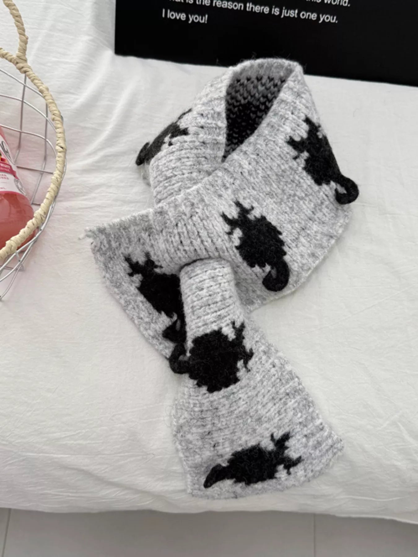 Knitted Contrast Pattern Warm Scarf - Light Gray One Size
