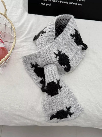Knitted Contrast Pattern Warm Scarf - Light Gray One Size