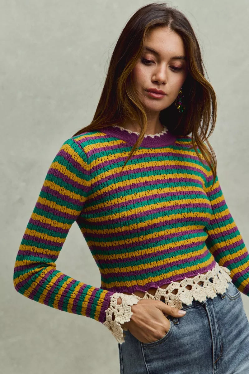 Mardi Gras Striped Cropped Knit Top -