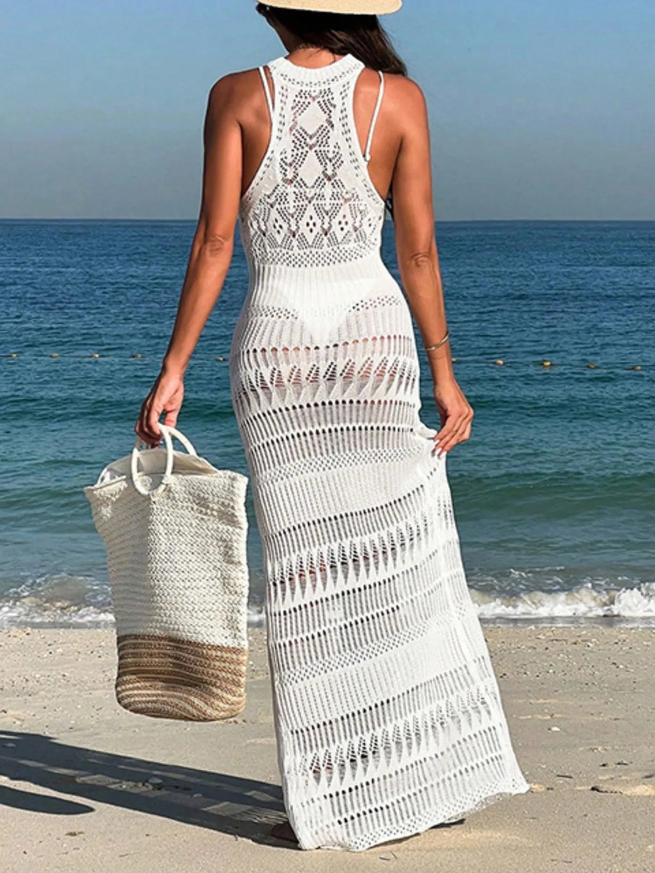 Crochet Sleeveless Split Cover-Up Maxi Dress -