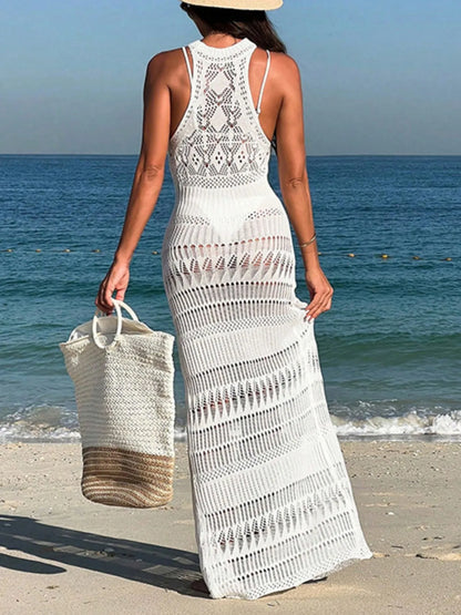 Crochet Sleeveless Split Cover-Up Maxi Dress -