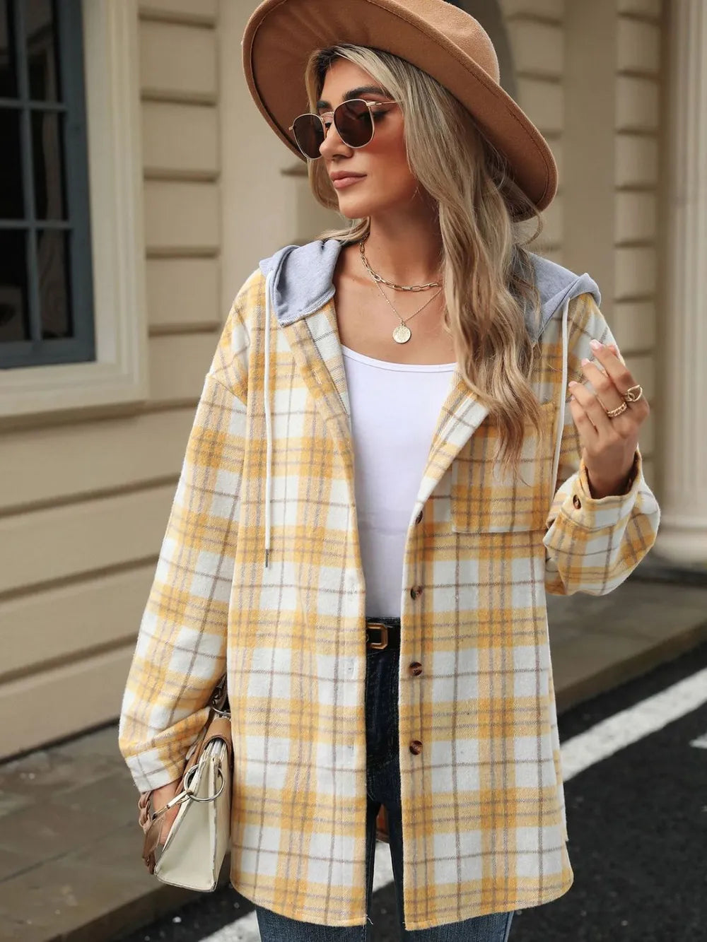 Drawstring Plaid Button Up Hooded Jacket -