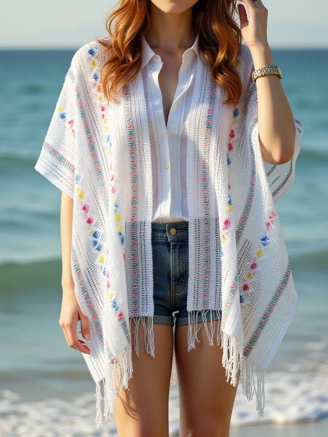 Openwork Fringe Open Front Knit Cape - White One Size
