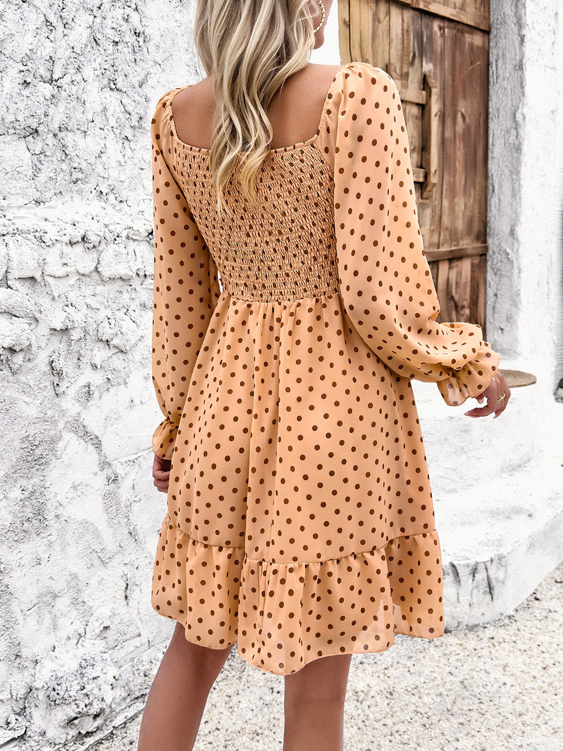 Smocked Polka Dot Long Sleeve Dress | AdoreStarr