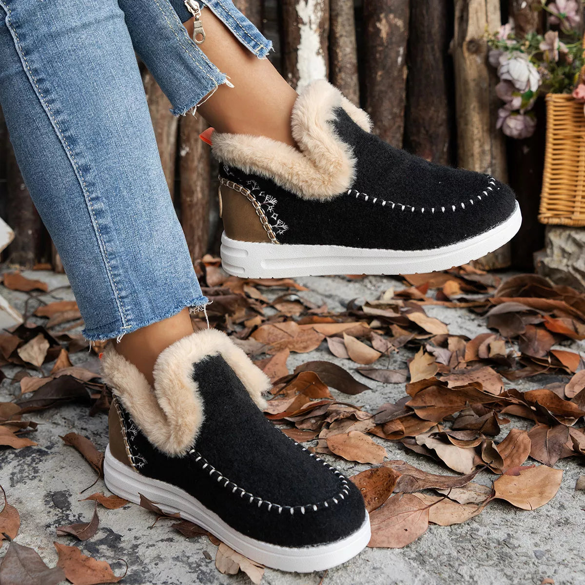 Cozy Fur-Trimmed Slip-Ons - Black