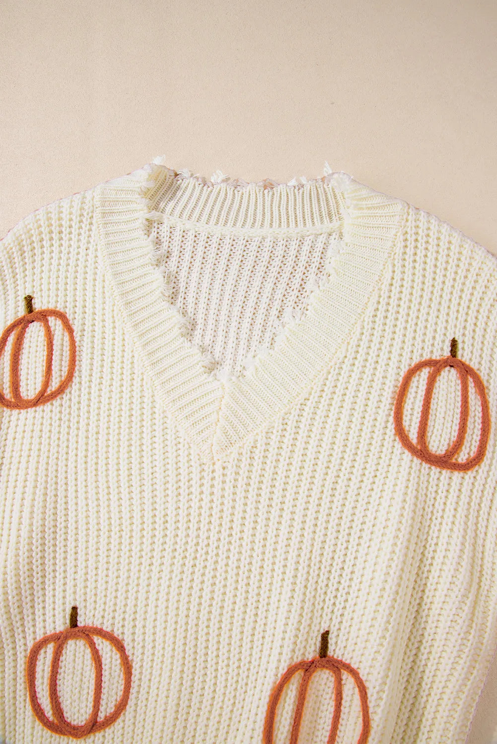 Raw Hem Pumpkin V-Neck Long Sleeve Sweater - Beige