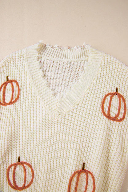 Raw Hem Pumpkin V-Neck Long Sleeve Sweater - Beige