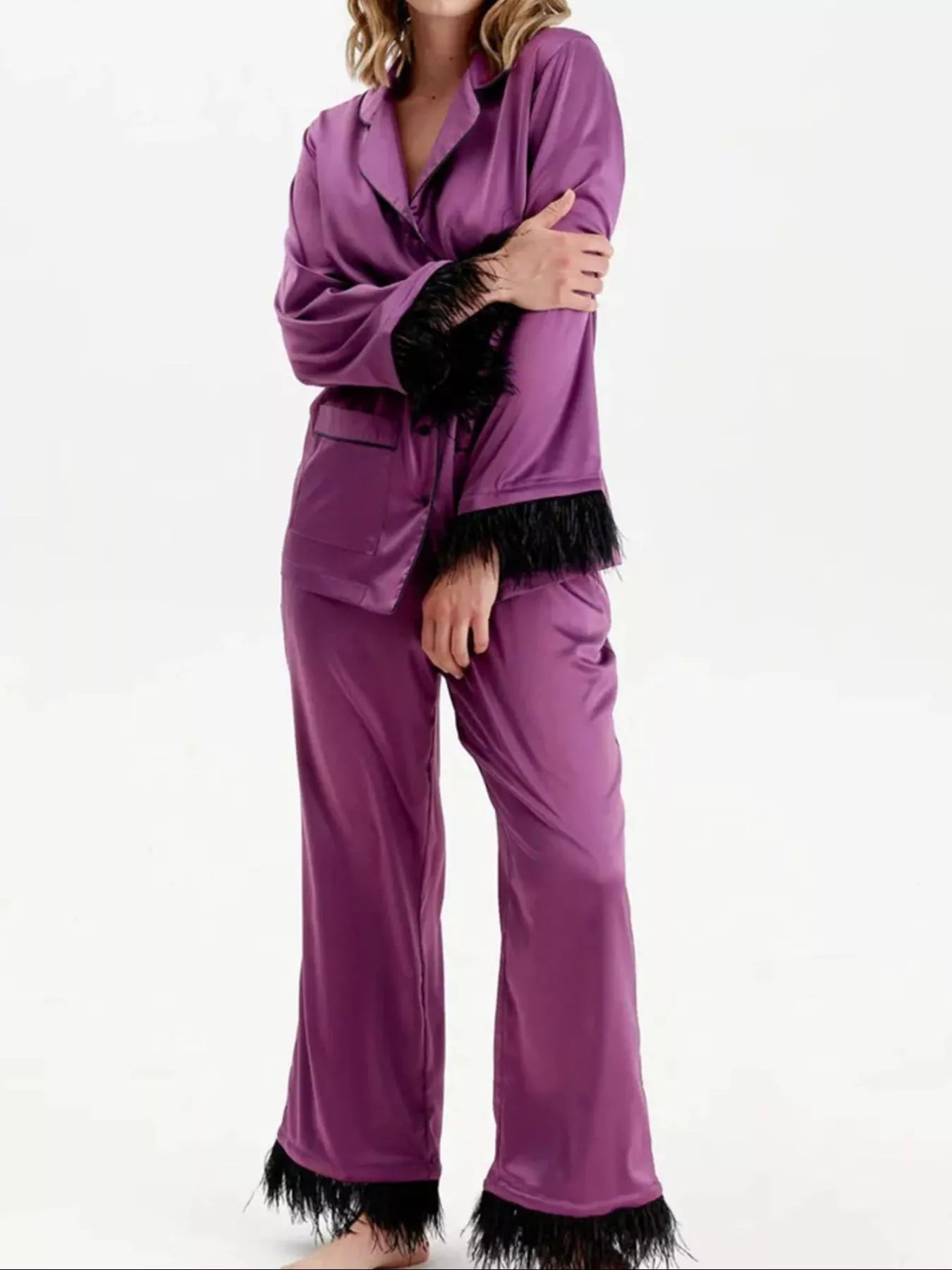 Silky Button Up Top and Pants Lounge Set - Purple