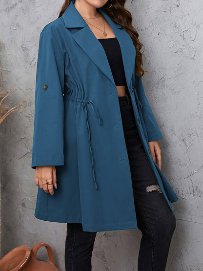 Plus Size Lapel Collar Drawstring Roll-Tab Sleeve Trench Coat - Dusty Blue