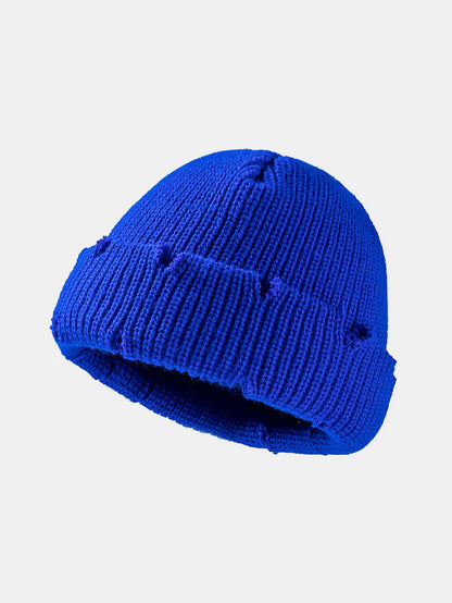 Distressed Cuffed Knit Hat - Royal Blue One Size