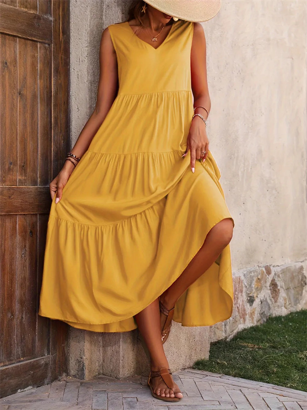 Tiered V-Neck Sleeveless Dress -