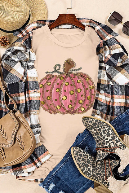 Pumpkin Round Neck Short Sleeve T-Shirt - Tan