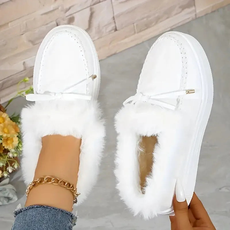Bow Furry Round Toe Flat Slip-Ons - White