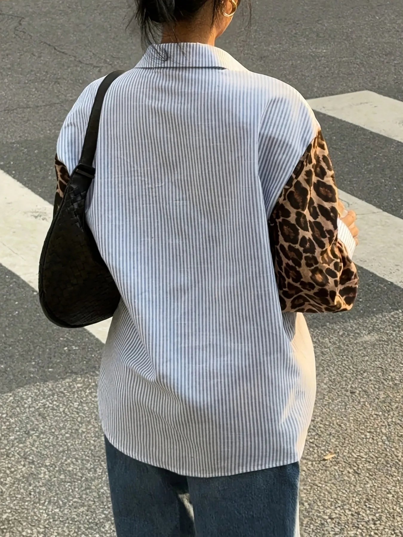 Leopard Print Sleeve Striped Button-Down Shirt - Multicolor