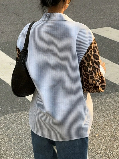Leopard Print Sleeve Striped Button-Down Shirt - Multicolor