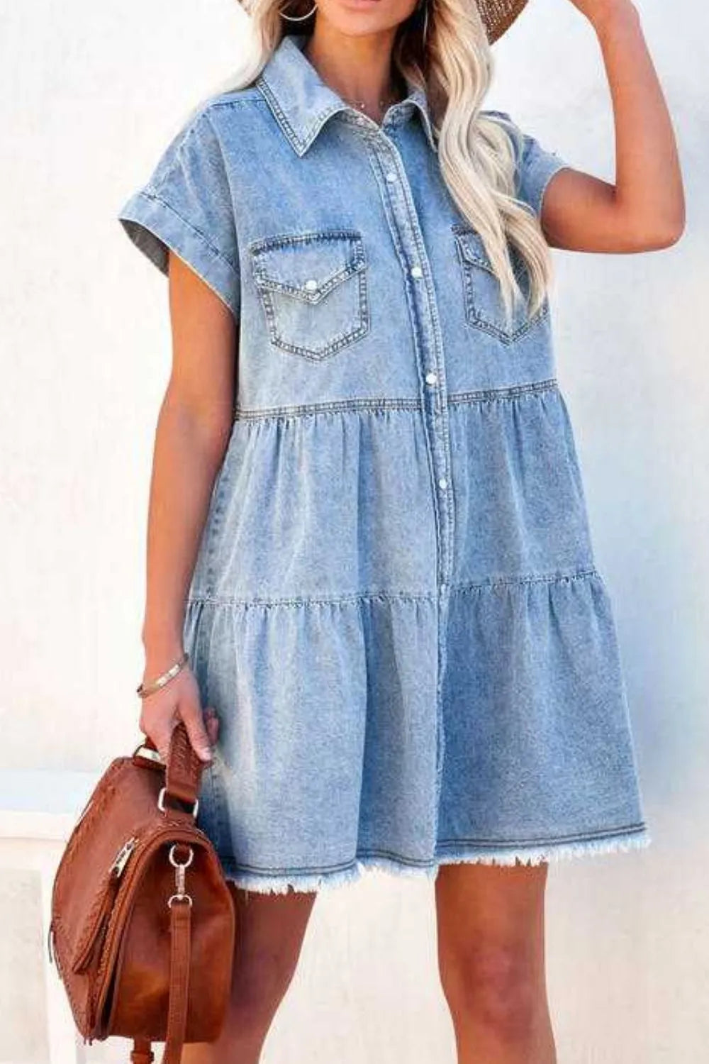 Raw Hem Button Down Denim Mini Dress -