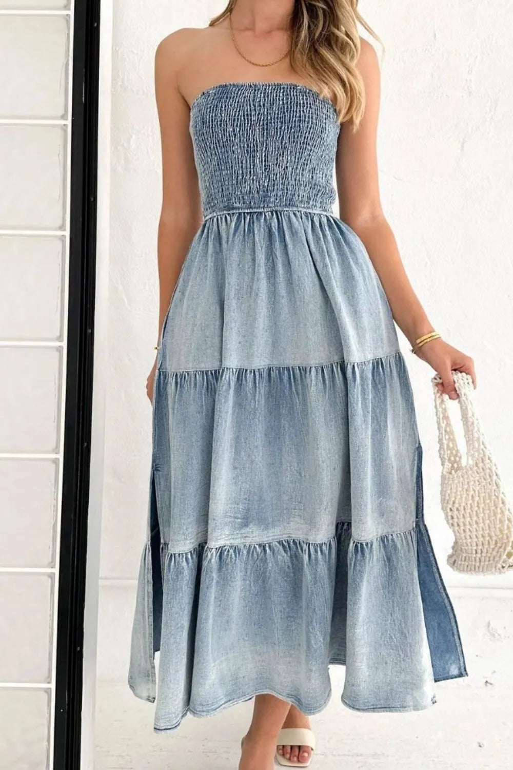 Smocked Tube Slit Tiered Denim Dress -