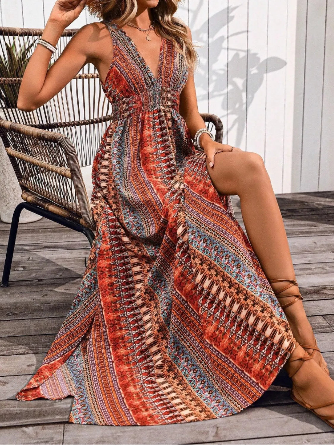 Tied Back Printed Sleeveless Maxi Slit Dress -