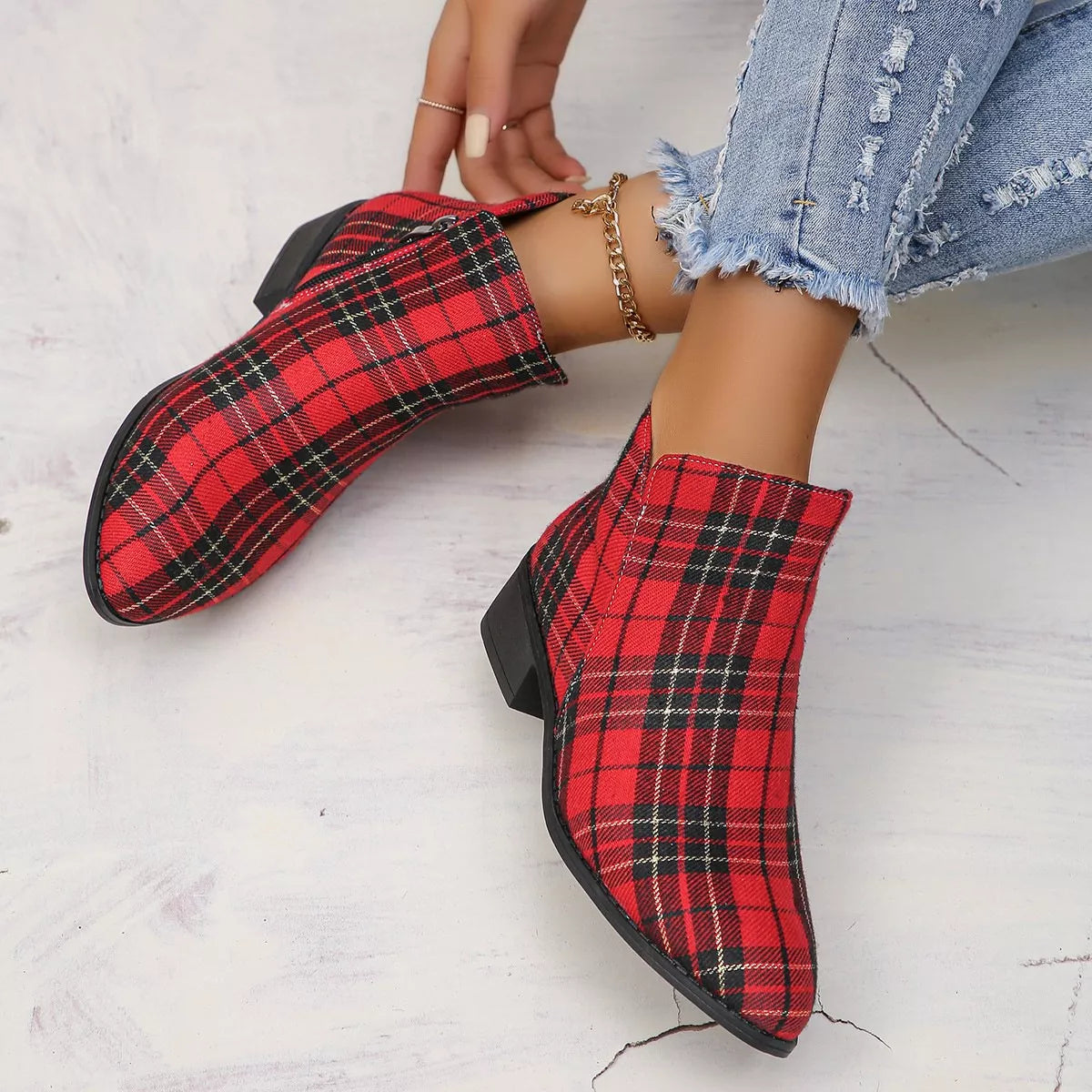 Plaid Point Toe Ankle Boots -