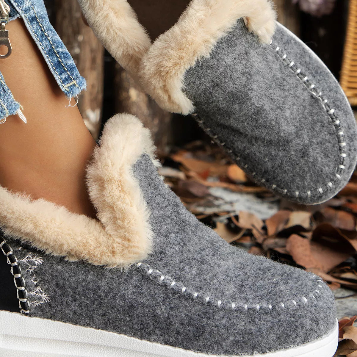 Cozy Fur-Trimmed Slip-Ons - Dark Gray