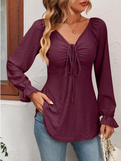 Drawstring Ruffled V-Neck Long Sleeve Blouse