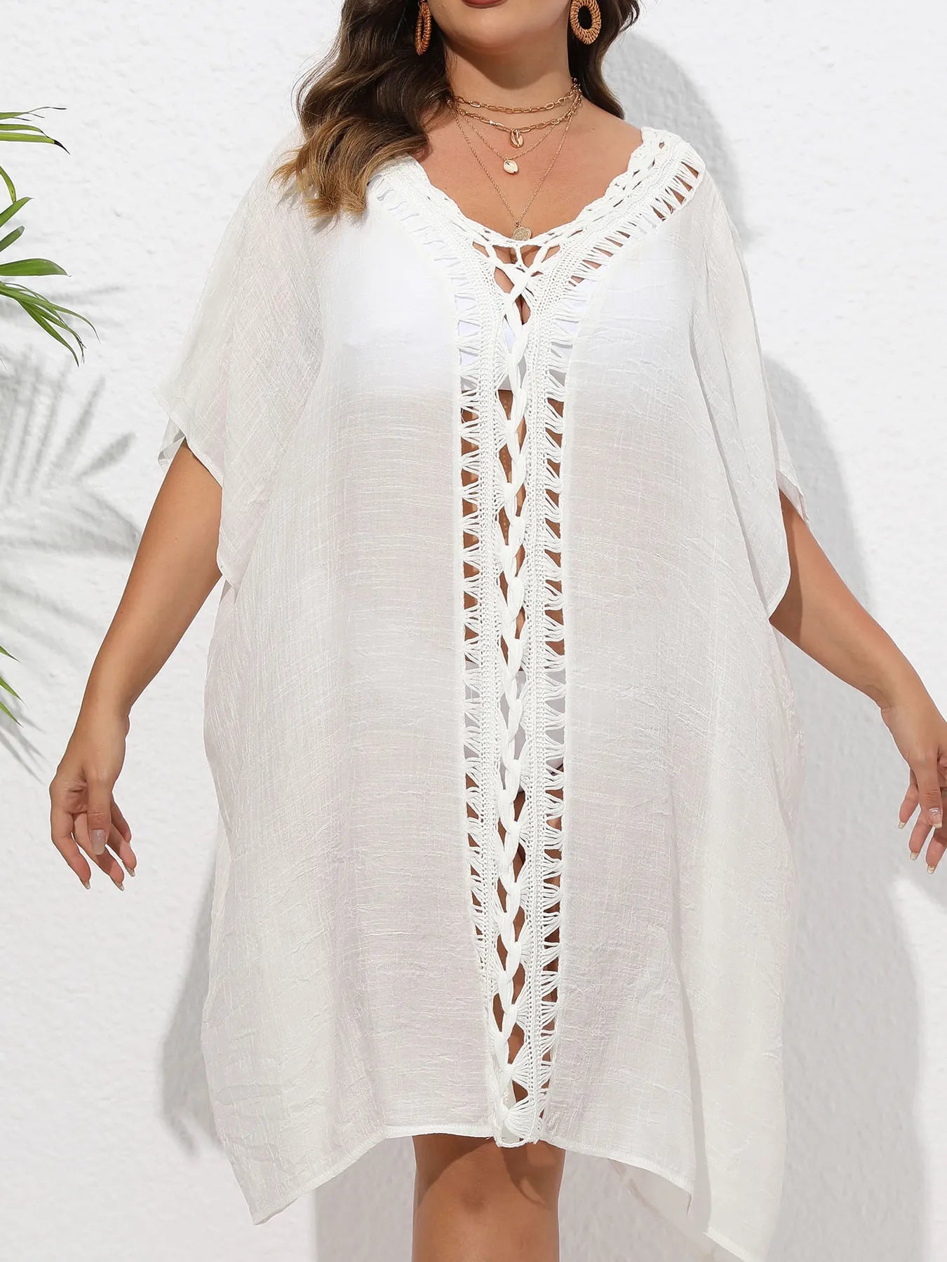 Crochet Trim V-Neck Beach Cover-Up Dress - White One Size