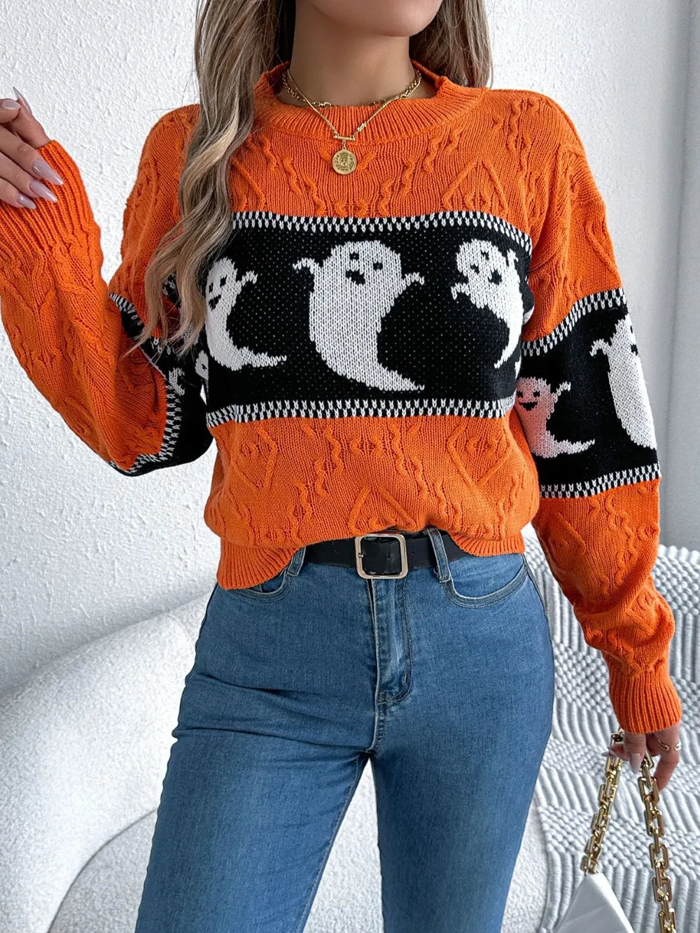 Ghost Round Neck Long Sleeve Sweater - Orange