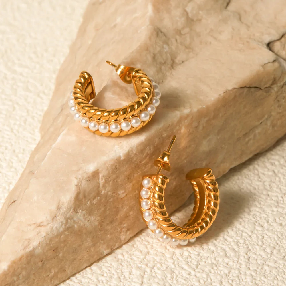 Stainless Steel Pearl C-Hoop Earrings -