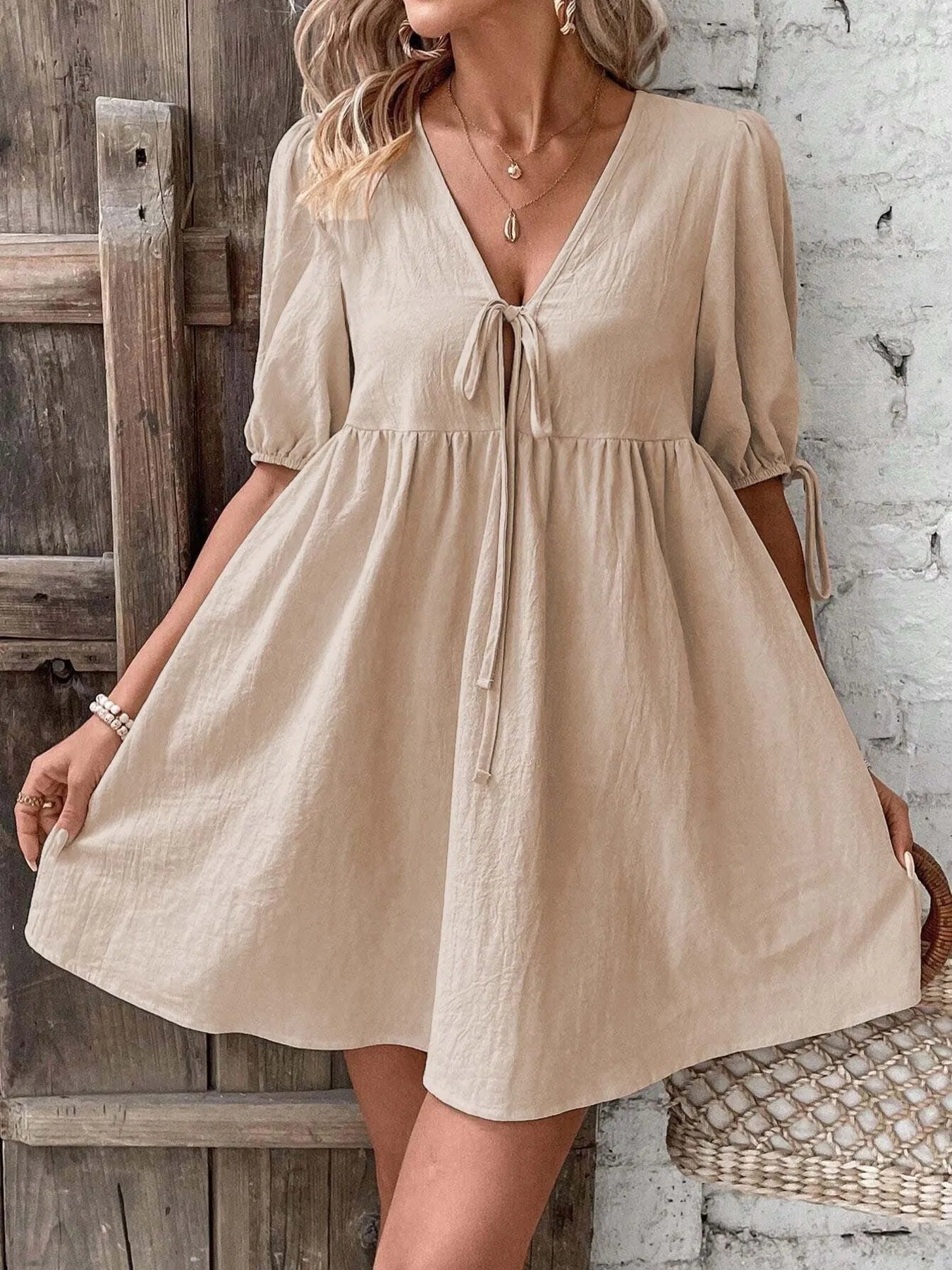 V-Neck Puff Sleeves Mini Dress -