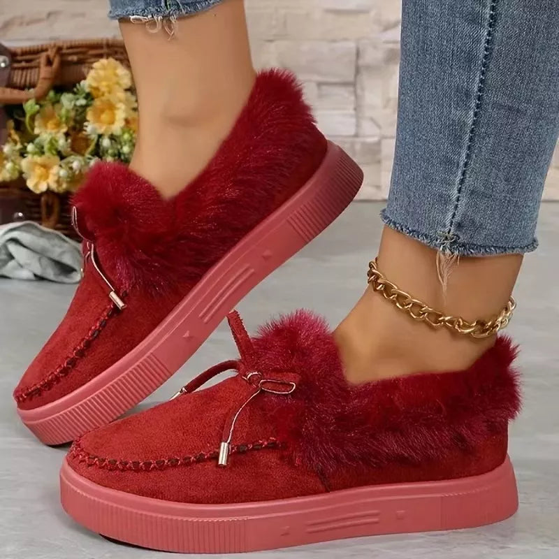 Fuzzy Round Toe Slip-Ons - Deep Red