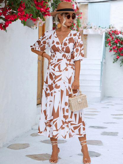 Printed Surplice Balloon Sleeve Dress | AdoreStarr