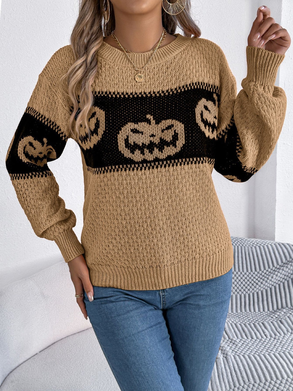 Pumpkin Round Neck Long Sleeve Sweater - Camel