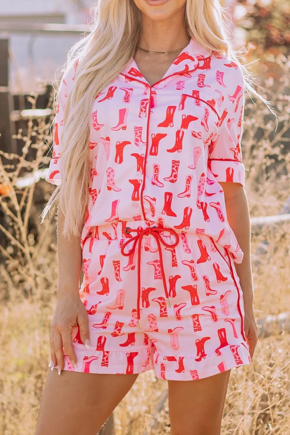 Cowgirl Boots Printed Shirt and Shorts Set - Pink