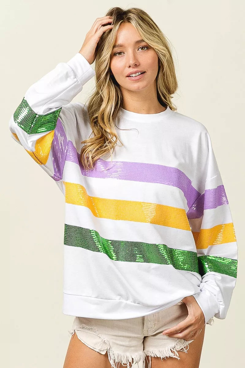 Sequin Mardi Gras Striped Round Neck Sweatshirt -
