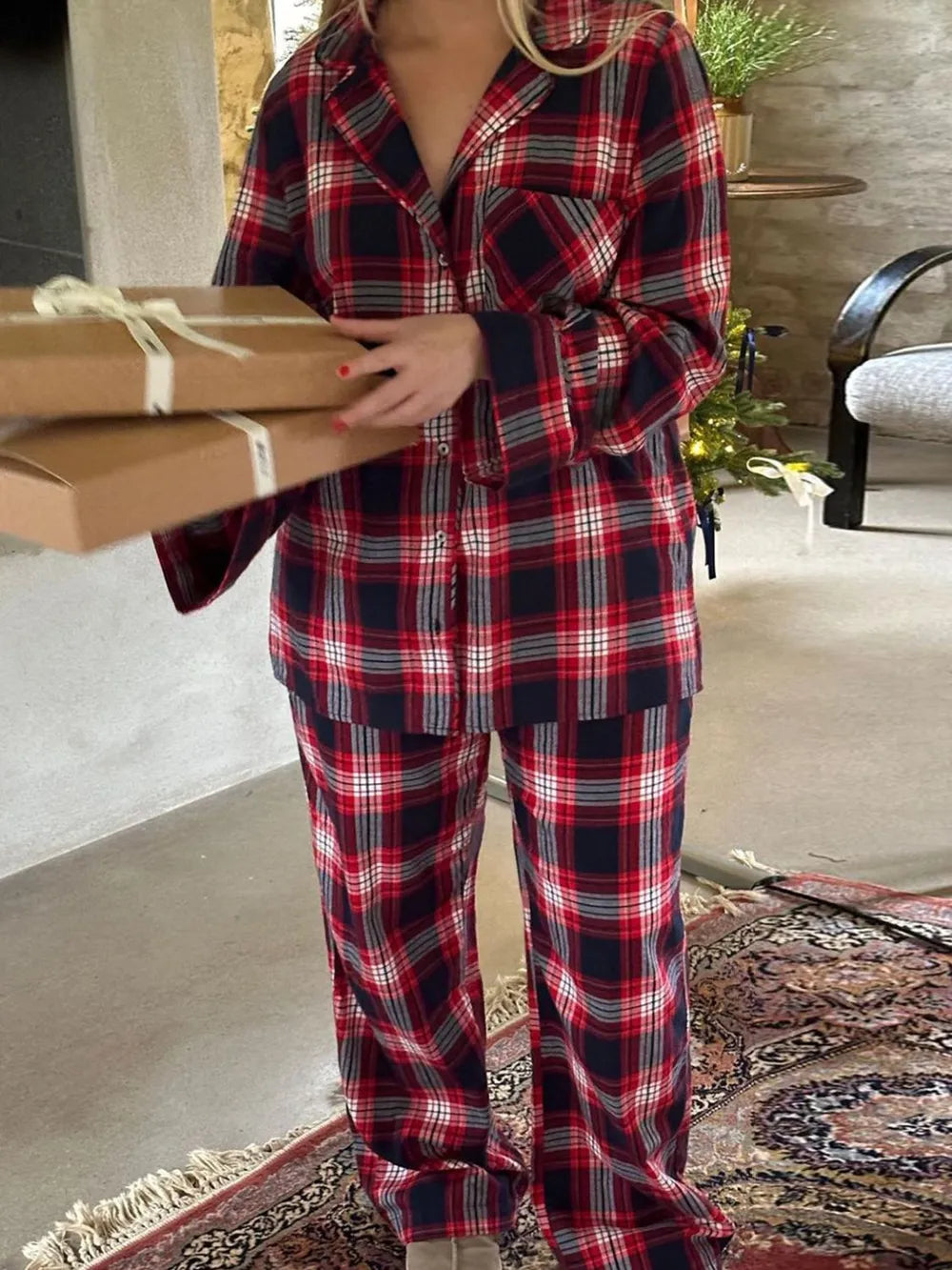 Plaid Collared Neck Button Up Top and Pants Lounge Set - Burgundy