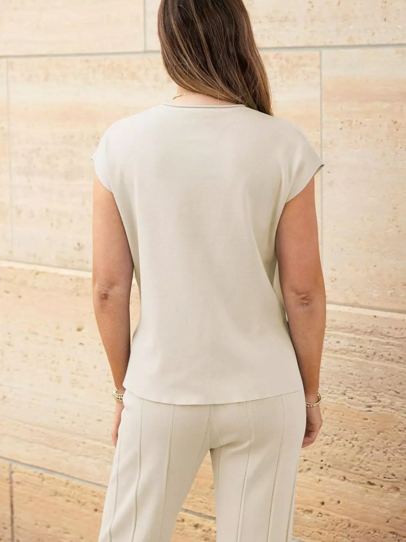 Casual Color Cap Sleeve Top and Pants Knit Set -