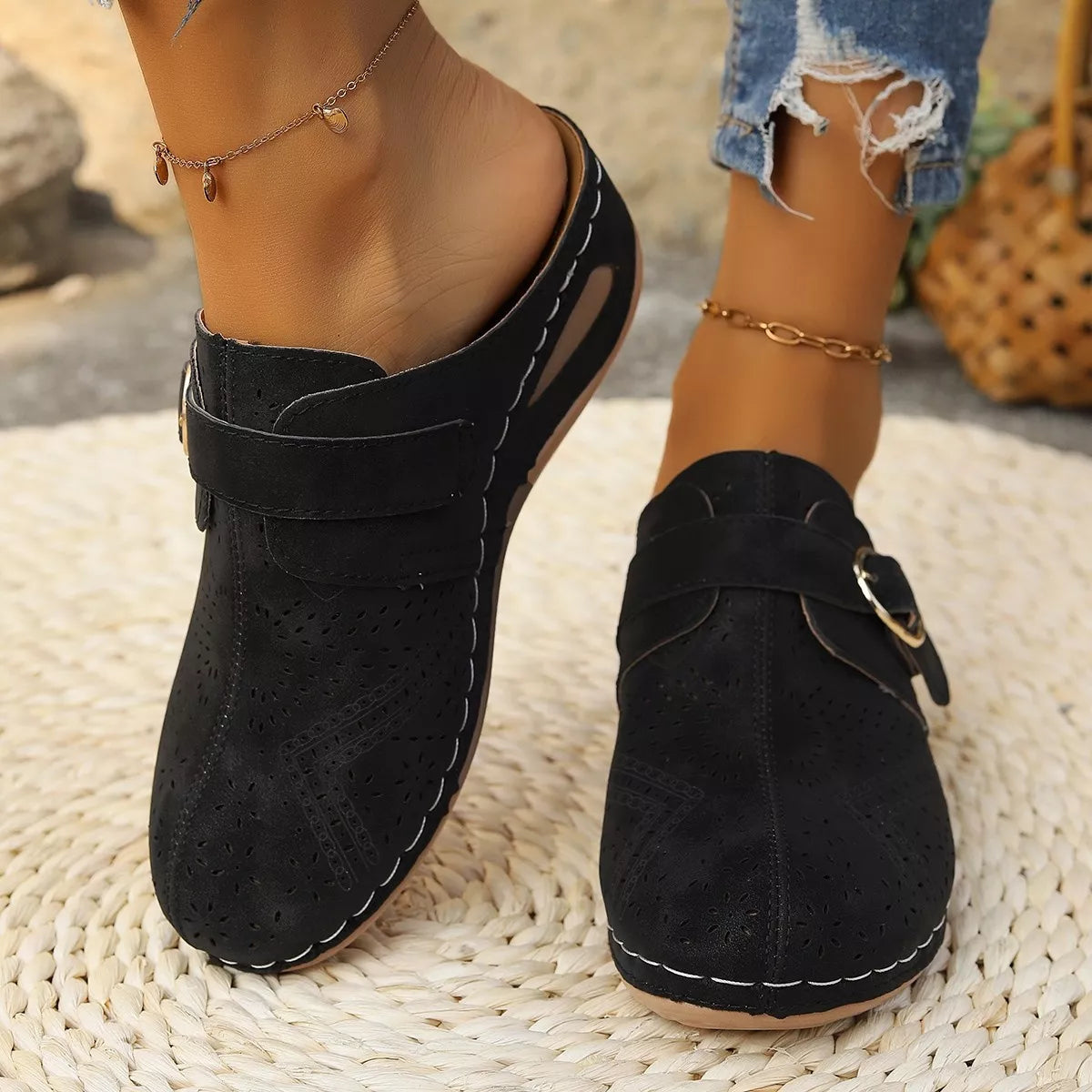 Casual Buckle Slip-Ons - Black