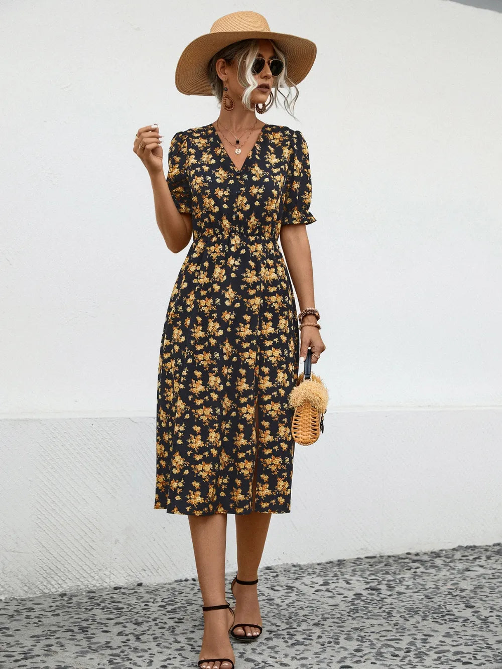Slit Printed V-Neck Short Sleeve Dress -