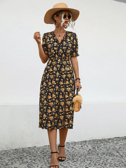 Slit Printed V-Neck Short Sleeve Dress -