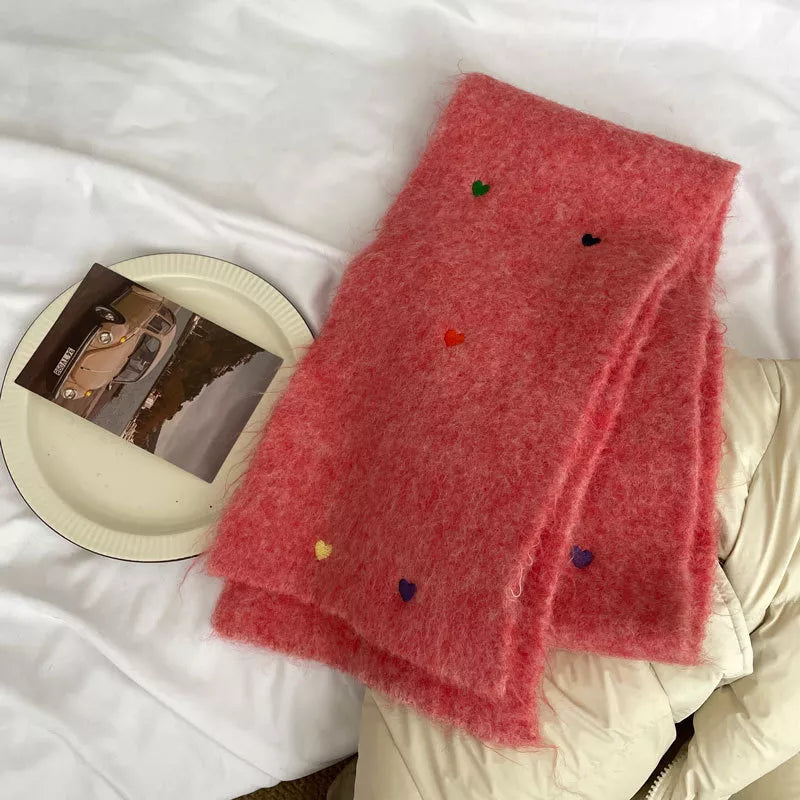 Heart-Embellished Fuzzy Knit Scarf -
