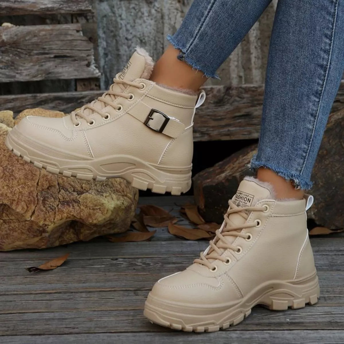 Warm Lined Ankle Boots with Buckle Detail - Beige