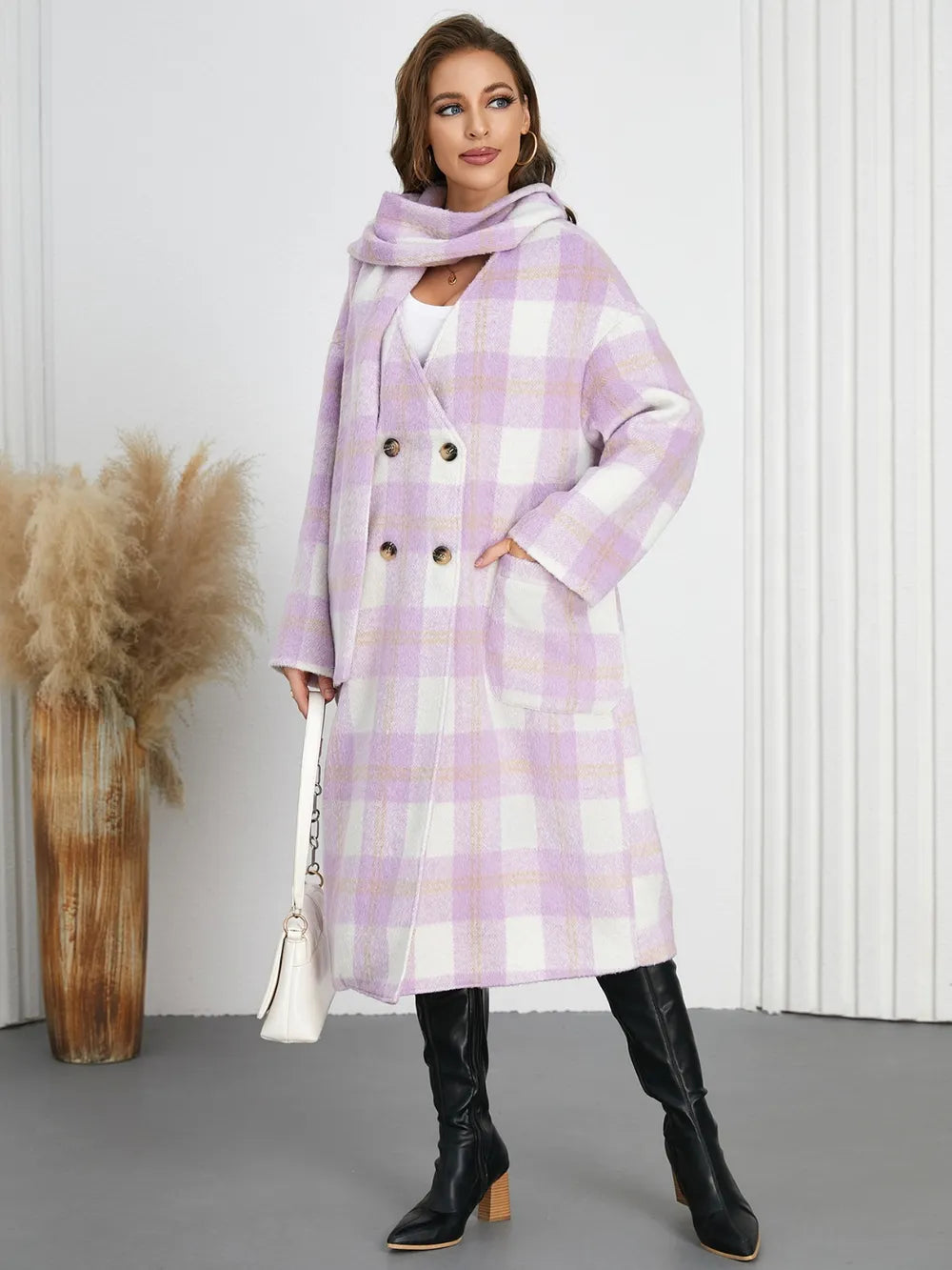 Plaid Button Up Long Sleeve Coat - Pink Purple