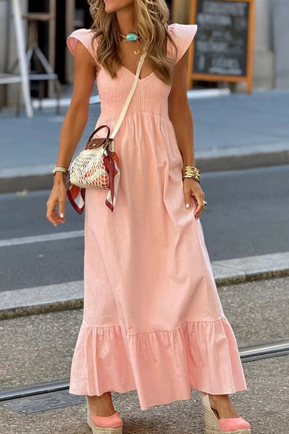 V-Neck Cap Sleeve Smocked Maxi Dress - Watermelon Pink