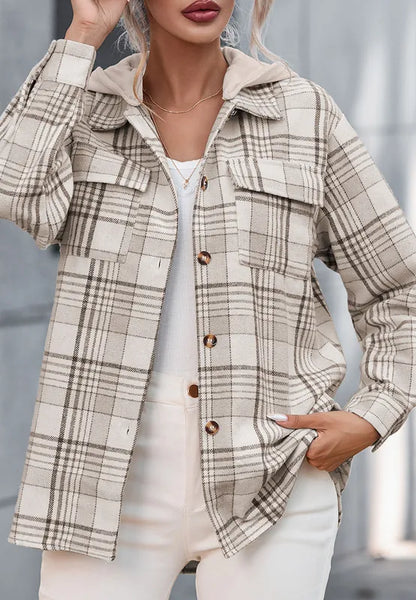 Plaid Removable Hood Button Up Shacket -