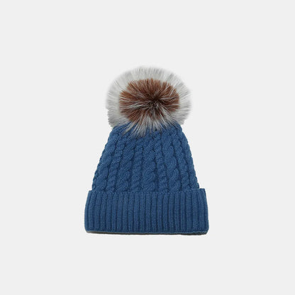 Cable Knit Winter Hat with Pompom - Peacock Blue One Size