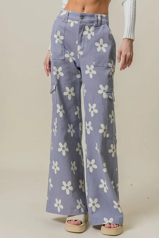 Flower Printed Side Pocket Wide Pants - Dusty Lavender