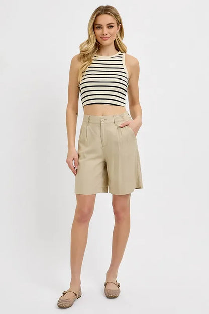 High Rise Pleated Front Shorts -